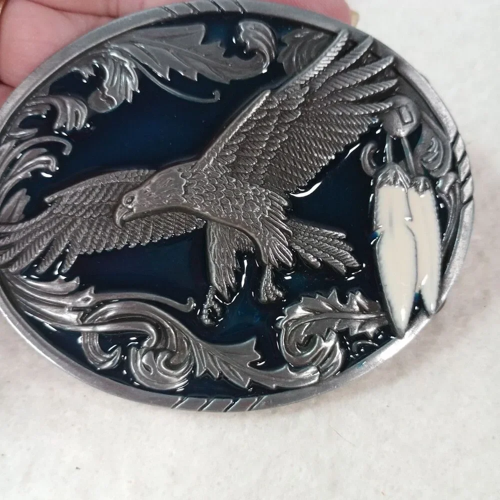 Vintage 90s Flying Eagle Belt Buckle Blue Enamel Western Native Style